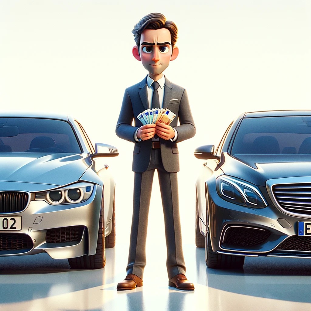 Vyras, stovintis tarp BMW ir Mercedes automobilių, laikantis eurus rankose, Pixar animacijos stiliaus, su baltu fonu