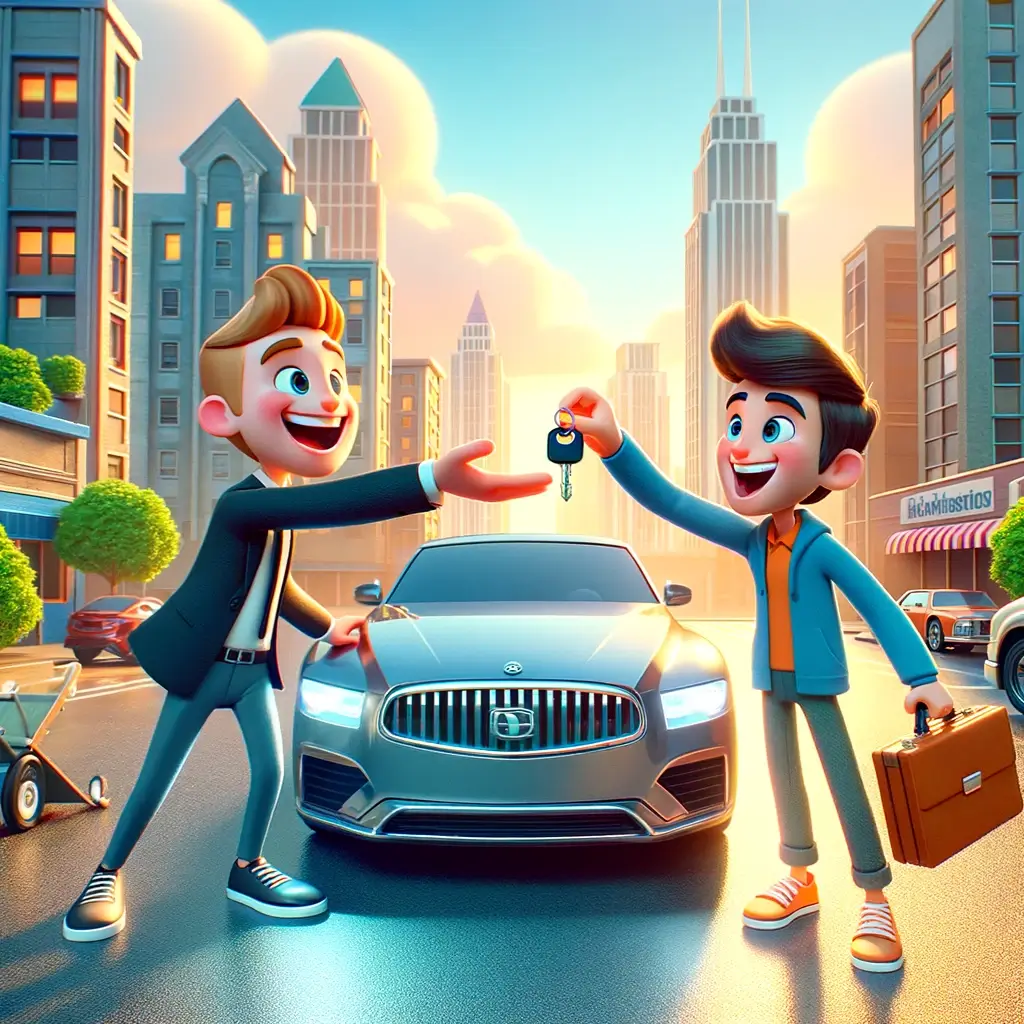 auto supirkimas du personažai džiugiai keičiantis rakteliais ir portfeliu šalia modernaus automobilio miesto aplinkoje, atspindintis Pixar ar Disney animacijos stilių.