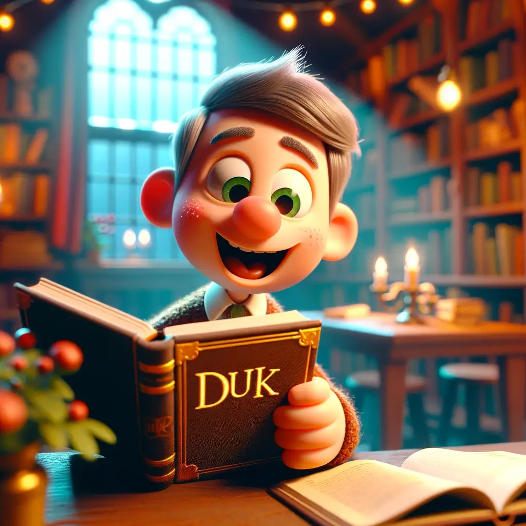 Pixar stiliaus personažas laiko knygą su užrašu "DUK". Personažas atrodo smalsus ir įtrauktas, o fone matyti žavioji biblioteka