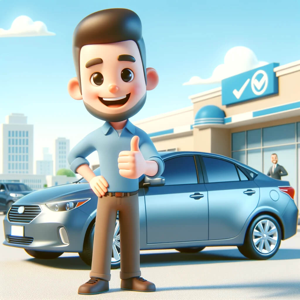 laimingas klientas šalia automobilio, rodantis pirštu į viršų gestą, simbolizuojantį pasitenkinimą pirkiniu. Scena įvyksta draugiškoje ir kviečiančioje aplinkoje, su švariu dangumi, atspindinti teigiamą kliento atsiliepimą, pasitikėjimą, laimę ir klientų pasitenkinimą, būdingą Pixar ar Disney animacijos stiliui.
